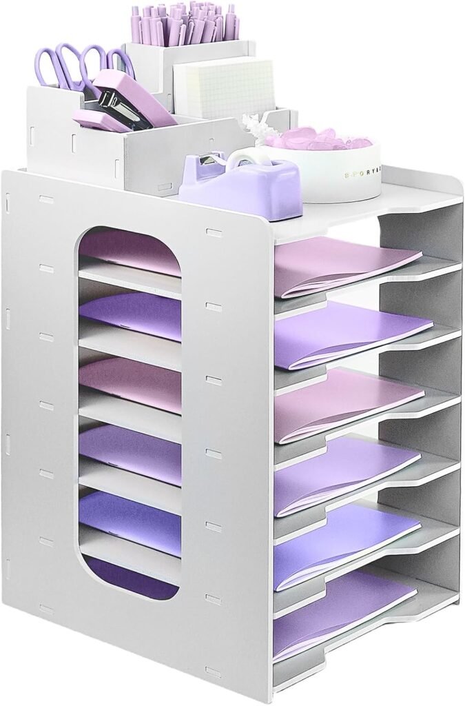 7 laags tray organizer voor A4 papier met stapelbare lades en penhouder in wit voor kantoor