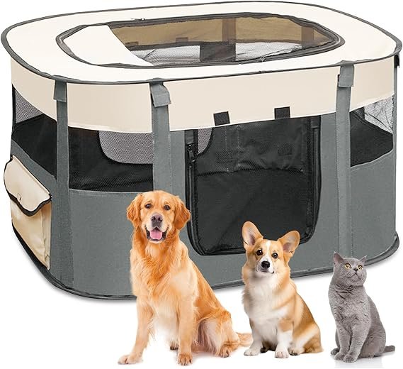 Vouwbare hondenren XL voor puppy's, kittens en konijnen binnen met draagbare speelpen in grijs