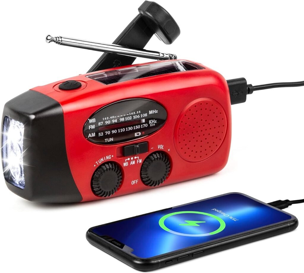 Opwindbare noodradio met zonnepaneel, dynamofunctie, zaklamp en SOS alarm voor camping en noodgevallen