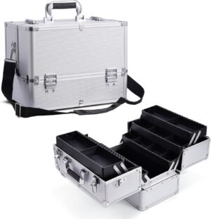 Grote zilveren make-up doos met vakken voor cosmetica, sieraden en accessoires - vanity case organizer