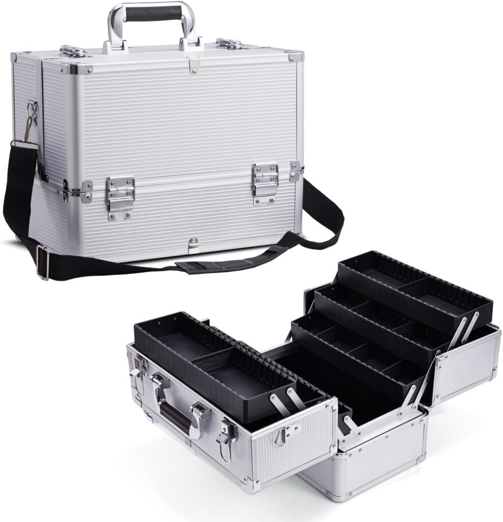 Grote zilveren make-up doos met vakken voor cosmetica, sieraden en accessoires - vanity case organizer