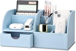 Bureau organizer PU leer – Penhouder & stationery organizer – Bureau opbergbox accessoires – Blauwe kleur