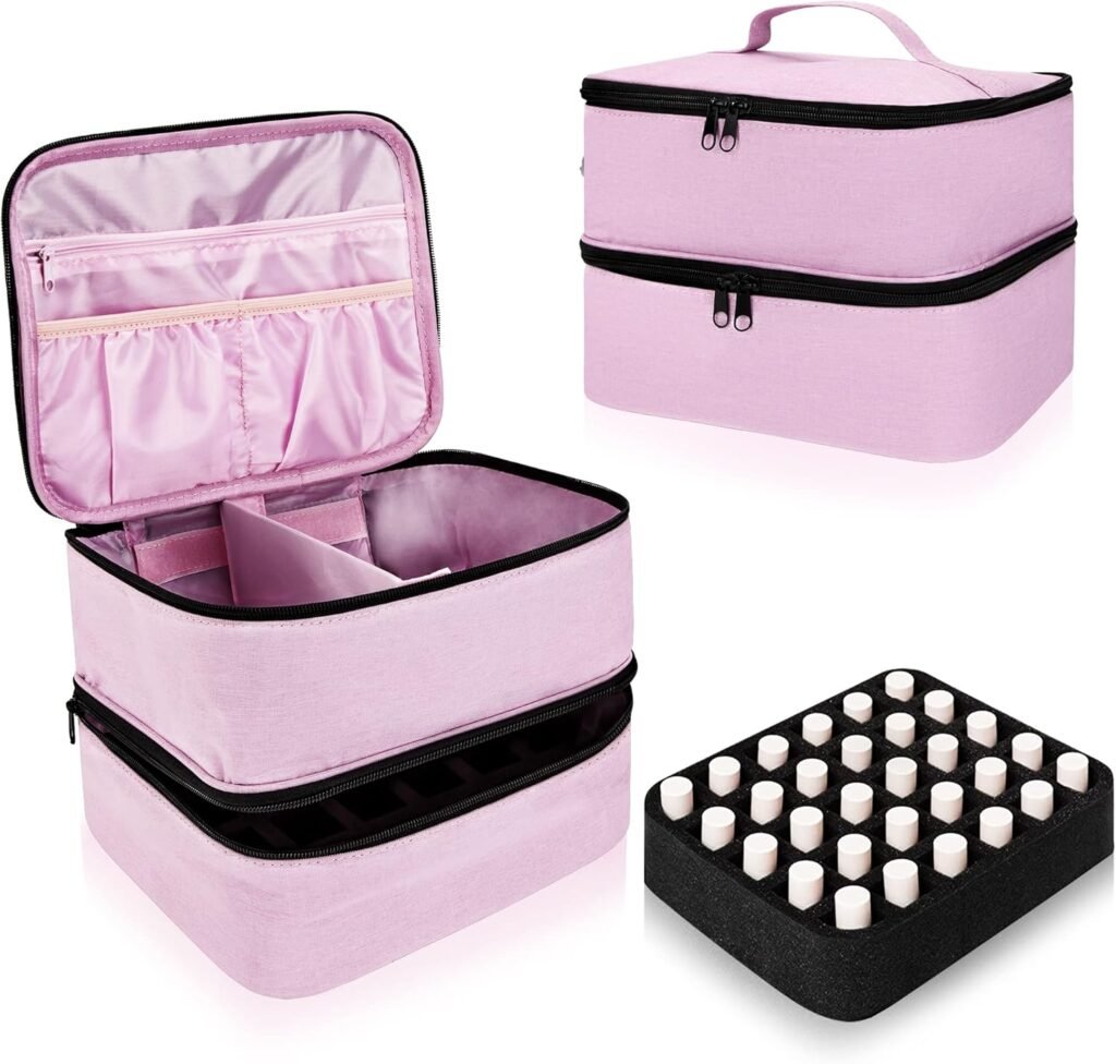 Nagellak opbergtas met dubbele laag voor 30 flesjes en nagellamp, roze cosmetica organizer voor nagelaccessoires