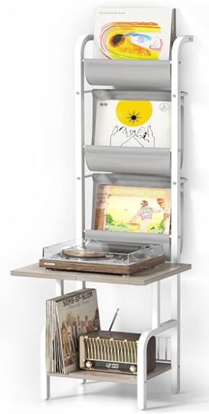 Witte platenspeler standaard met vinyl platenopslag en LP rek voor 200 albums