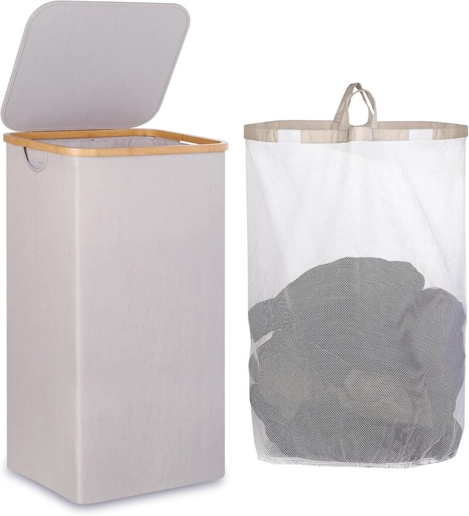 Inklapbare wasmand 110 liter met deksel, bamboe uitvoering in lichtgrijs
