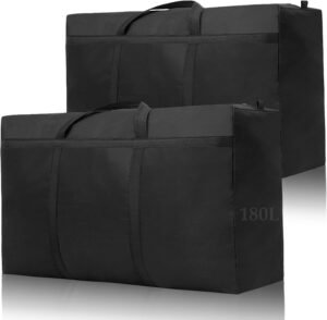 XXL Opbergtassen Set van 2 180L – Waterdichte Verhuiszakken met Rits en Handvatten – Voor Kleding, Dekbedden en Beddengoed – 600D Oxford Zwart