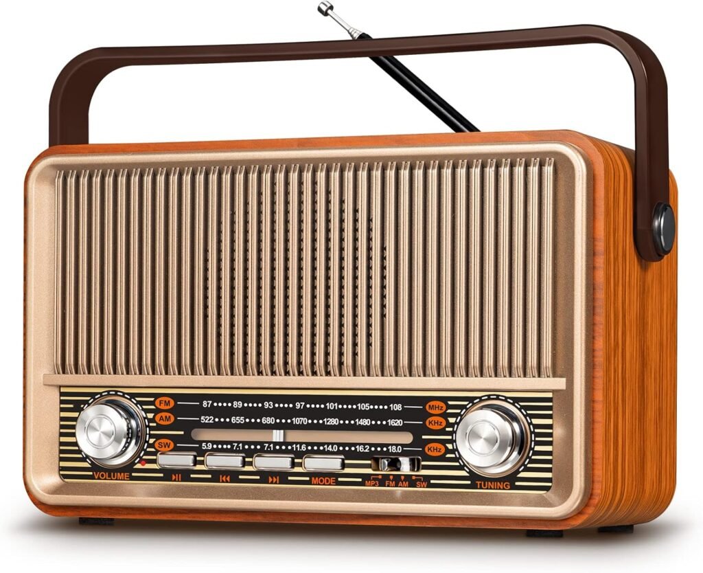 Draagbare vintage radio met AM/FM/SW, oplaadbare 1800mAh batterij, Bluetooth, USB, TF en AUX ondersteuning