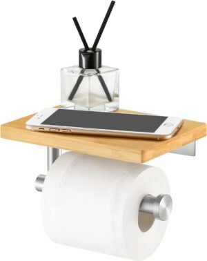 Toiletpapierhouder met bamboe plank en RVS wandbevestiging voor badkamer