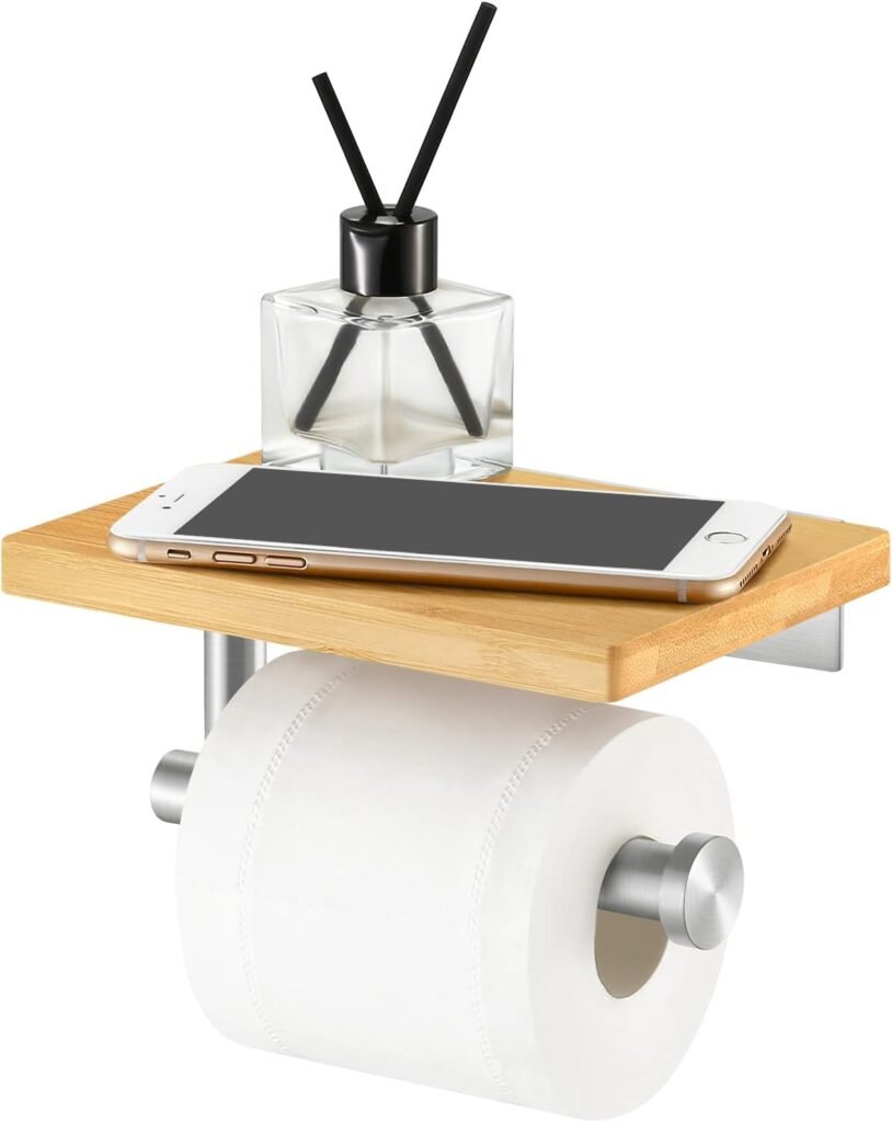 Toiletpapierhouder met bamboe plank en RVS wandbevestiging voor badkamer