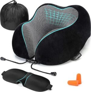 U-vormig reiskussen met memory foam, ademende wasbare neksteun voor vliegtuig, auto en reizen met slaapmasker en oordopjes