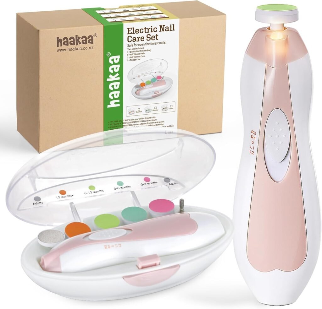 Elektrische baby nagelvijl roze met LED licht en 6 vijlkoppen voor veilig nagels vijlen bij baby's, peuters en volwassenen