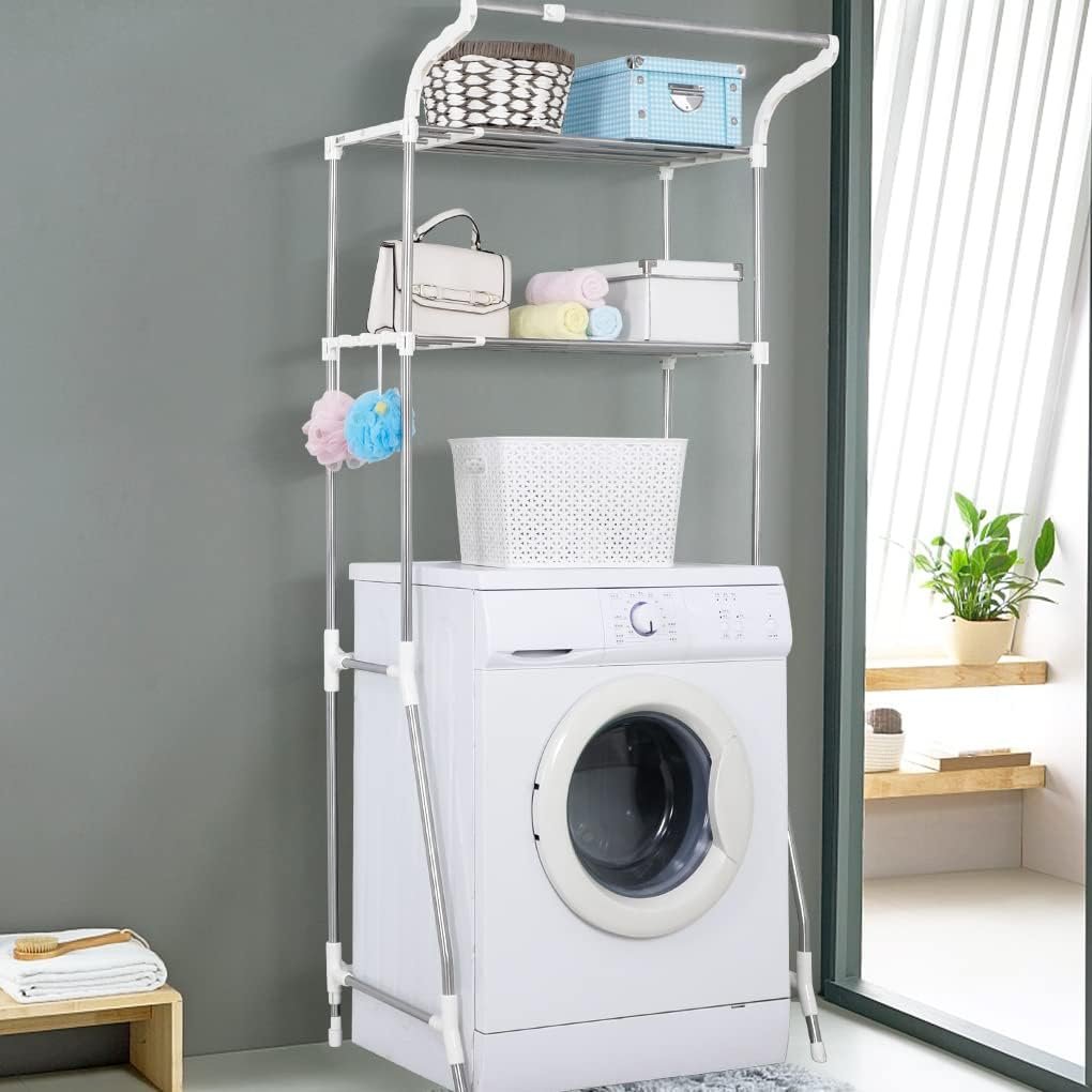 Telescopisch wasmachine rek met 2 niveaus, verstelbaar opbergrek voor badkamer met ruimtebesparend ontwerp en versterkte voeten