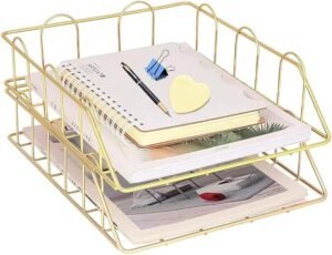 Metalen Papierhouder Set van 2 – Stapelbare Bureau Organizer voor Documenten – Letterbak met Gouden Afwerking – Opbergrek voor Bureau