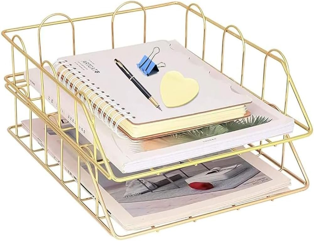 Metalen papierhouder set van 2 goudkleurig voor bureau met stapelbare documenthouders en letterbak organizer