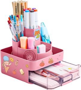 Pennenhouder 360° Draaibaar – Bureau Organizer met 7 Compartimenten – Pennenetui en Opbergbakje voor Kantoor en Make-uptafel – Inclusief Stickers
