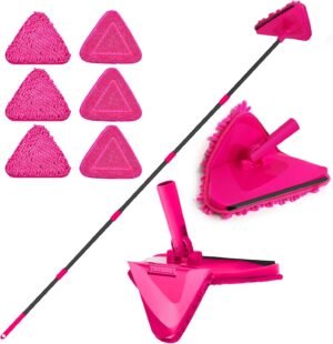 Roze muurwisser met lange verstelbare steel en 180° draaibare kop voor ramen, tegels en vlo