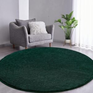 Rond groen vloerkleed 80 cm van zacht microvezel met hoogpolige shaggy structuur voor woonkamer en slaapkamer