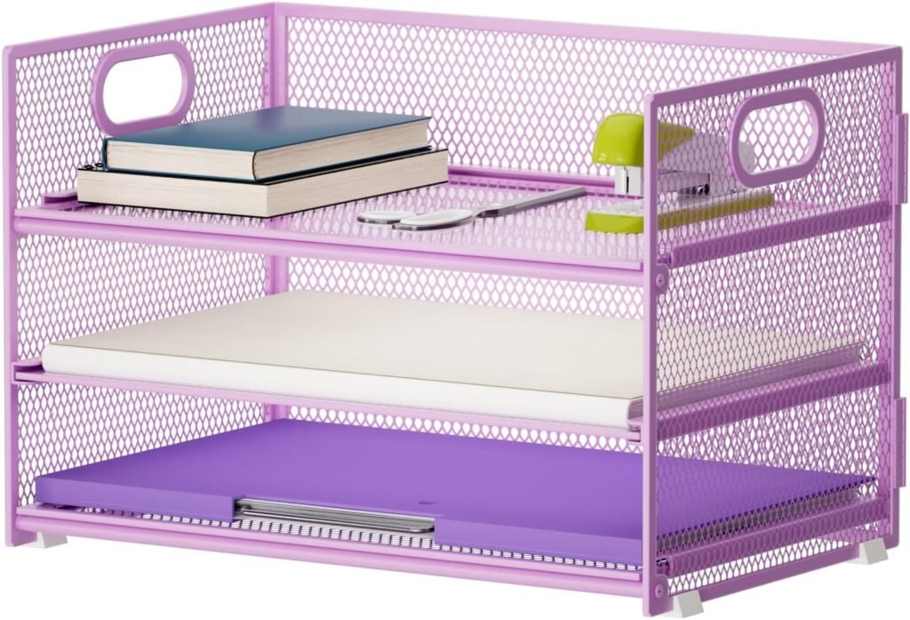 Bureau organizer 3 lagen paars met handgreep - mesh documentenbak en bureau opberger voor thuiswerk en accessoires