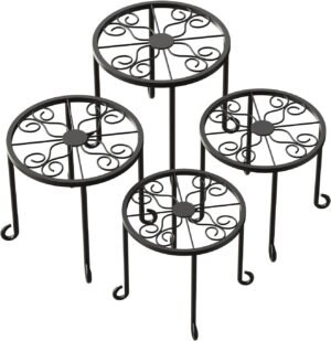 Set van 4 zwarte metalen plantenstandaards voor binnen en buiten met bloempothouders