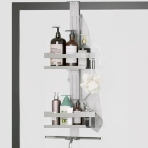 Doucheplank Zonder Boren – RVS Shampoohouder Voor Douche – Dubbele Laag Met 4 Haken – Ophangbaar Douche Rek Zilver