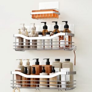 Douche Caddy Set RVS – Badkamer Organizer Zonder Boren – Wandplanken met Zeepbakje en 5 Haken – Set van 3 Stuks