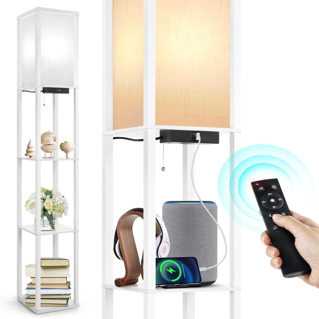 Dimbare LED vloerlamp met planken, afstandsbediening, USB en Type-C oplaadpoort voor woonkamer en slaapkamer