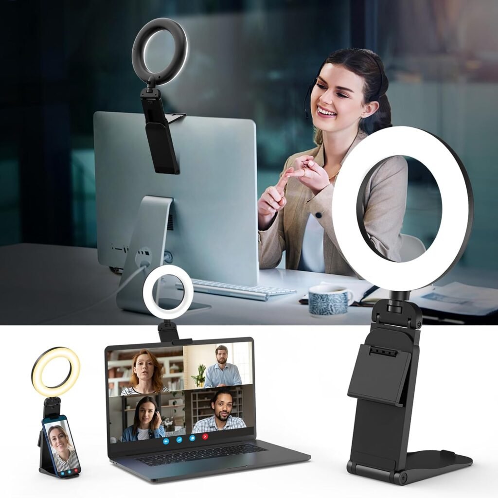 Ringlamp met statief en telefoonhouder voor videoconferentie met 3 lichtkleuren en verstelbare helderheid
