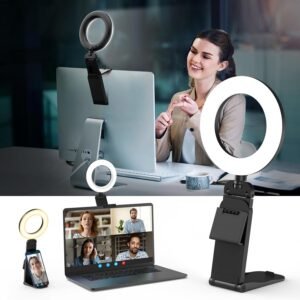 Ringlamp met Statief – Videoconferentie Verlichting voor Laptop en Telefoon – 3 Lichtkleuren en 10 Helderheidsniveaus – 360° Draaibaar