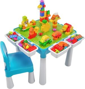 Activiteitentafel Kinderen 5-in-1 - Bouwtafel met Grote Bouwblokken - Speeltafel met Opbergruimte en Stoel - 128 Stuks Met Groene Basisplaat