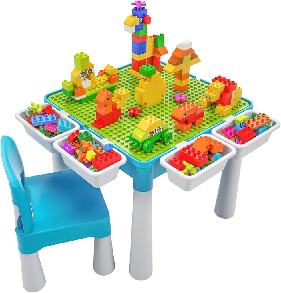 Activiteitentafel Kinderen 5-in-1 - Bouwtafel met Grote Bouwblokken - Speeltafel met Opbergruimte en Stoel - 128 Stuks Met Groene Basisplaat