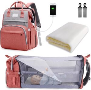 Luiertas rugzak roze en grijs met grote capaciteit en opvouwbaar babybed voor onderweg