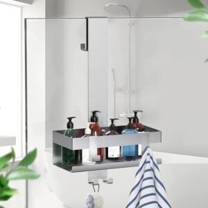 Doucheplank RVS Zonder Boren - Douchemand Met Shampoohouder En Haken - Ophangbaar Douche Rek Voor Glazen Douchewand - Frameless Douchedeuren
