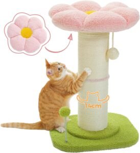 Katten Krabpaal met Bloemmotief – Kleine Kattenboom met Krabpaal en Kattenbed voor Binnenkatten – Sisal Krabmeubel met Veer en Speelballen – 60 cm Hoog, Roze