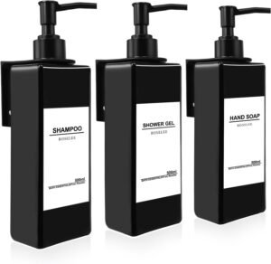 Wandgemonteerde Zeepdispenser Set 3 Stuks 500ml – Navulbare Pompdispenser voor Keuken en Badkamer – Zwarte Kunststof Zeepdispenser Zonder Boren – Met Labels en Trechter