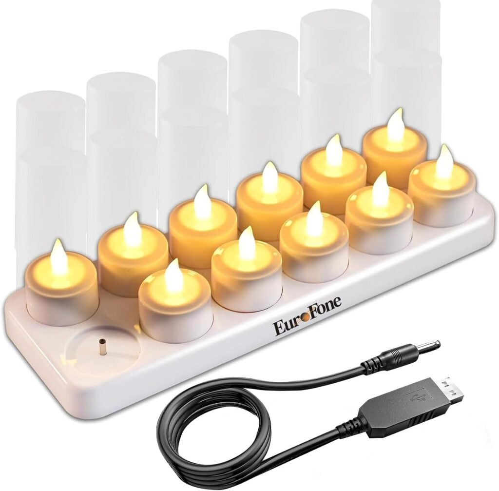 Oplaadbare LED theelichtjes set 12 stuks met oplaadbasis en flikkerend licht