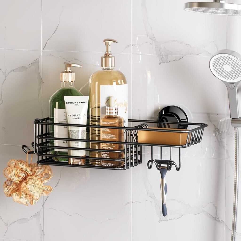 Zwarte hangende douche caddy van roestvrij staal met zuignappen, haken, zeepbakje en scheermeshouder voor badkamerorganisatie