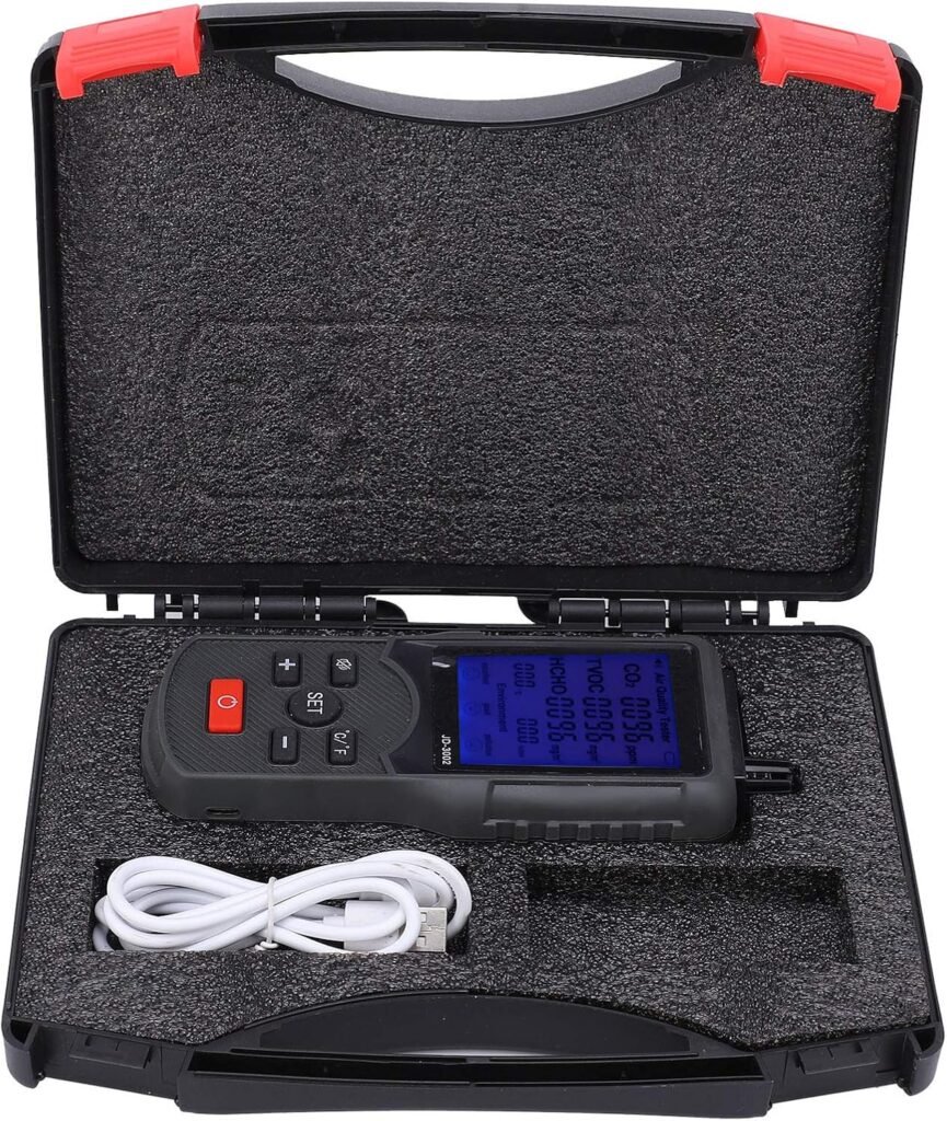 Luchtkwaliteitsmonitor met CO2 en TVOC detector voor temperatuur, vochtigheid en luchtkwaliteit meting binnen en buiten