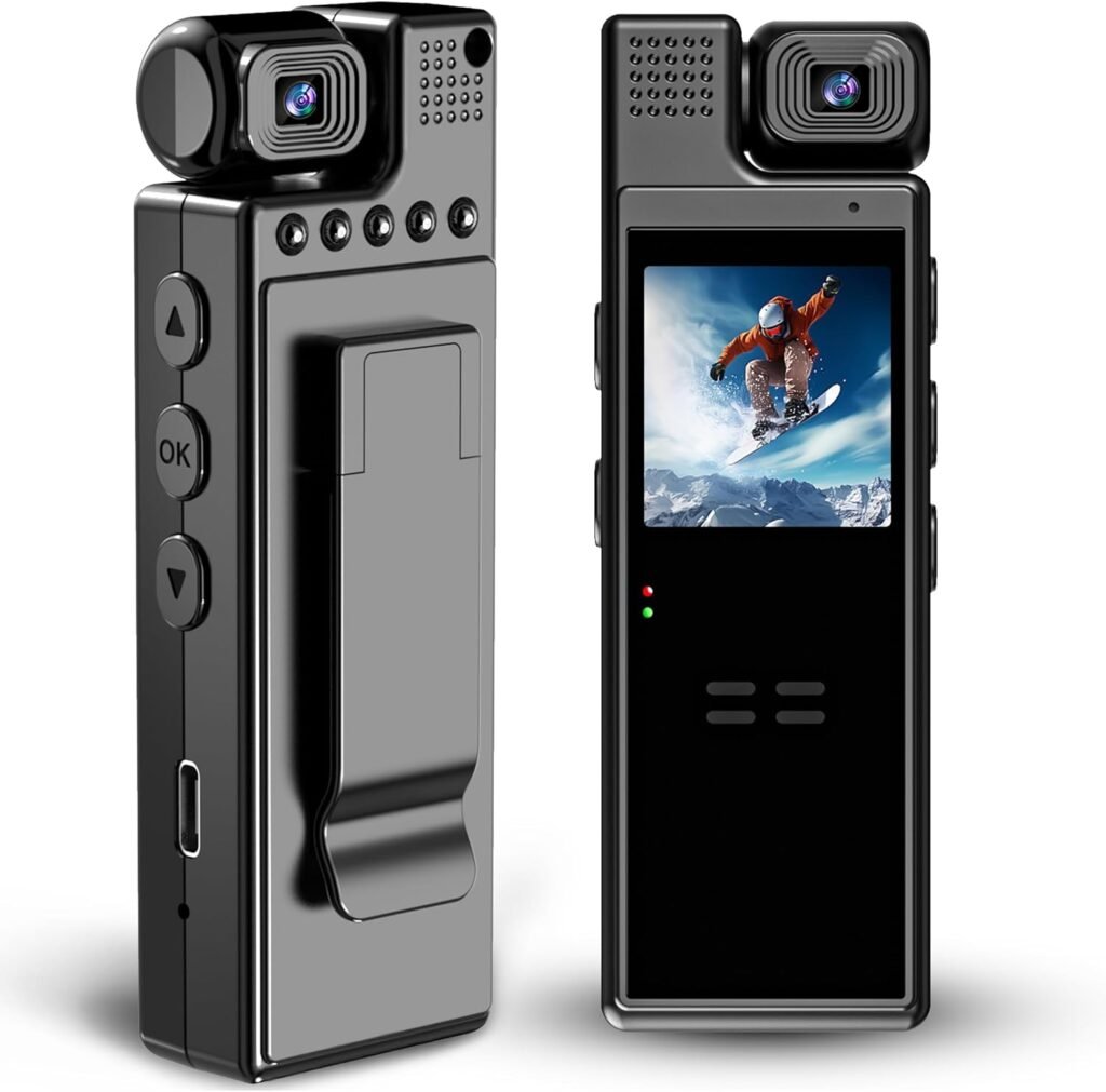 Mini body camera met 180° draaibare lens, 1,3 inch scherm, bewegingsdetectie en 6 uur batterijduur voor binnen en buiten