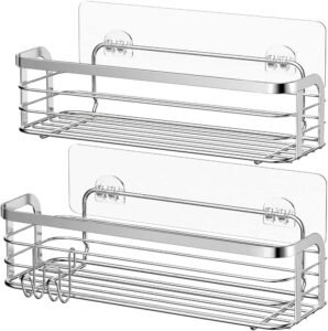 Douche caddy zelfklevend set 2 stuks – RVS doucheplank organizer badkamer – wandmontage zonder boren – SUS304 opbergmand met haak