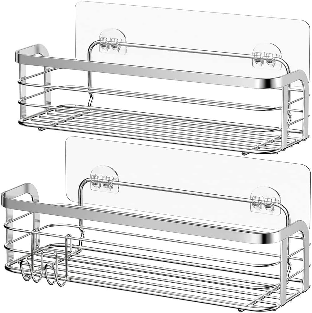 Douche caddy zelfklevend set 2 stuks roestvrijstalen doucheplank SUS304 badkamer organizer wandmontage zonder boren met haak silver opslagmand