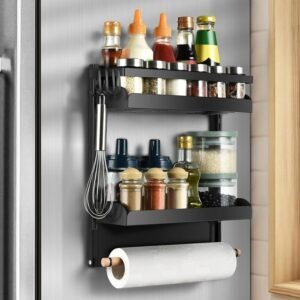 Magnetisch Koelkastrek 2 Lagen – Keuken Organizer Met Kruidenrek – Hangend Opbergrek Met Keukenrolhouder En 4 Haken – Ruimtebesparend Ontwerp