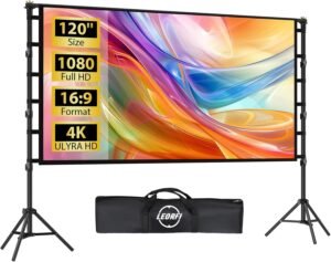 Projectiescherm met statief 120 inch – Uittrekbaar projector scherm voor binnen en buiten – Full HD 16:9 formaat – Hoogte verstelbaar draagbaar gebruik