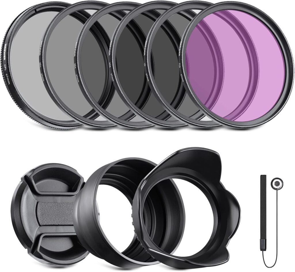 67mm ND filter set met ND2 ND4 ND8 UV FLD CPL filters en lensaccessoires voor fotografie met lenskap en lenshood