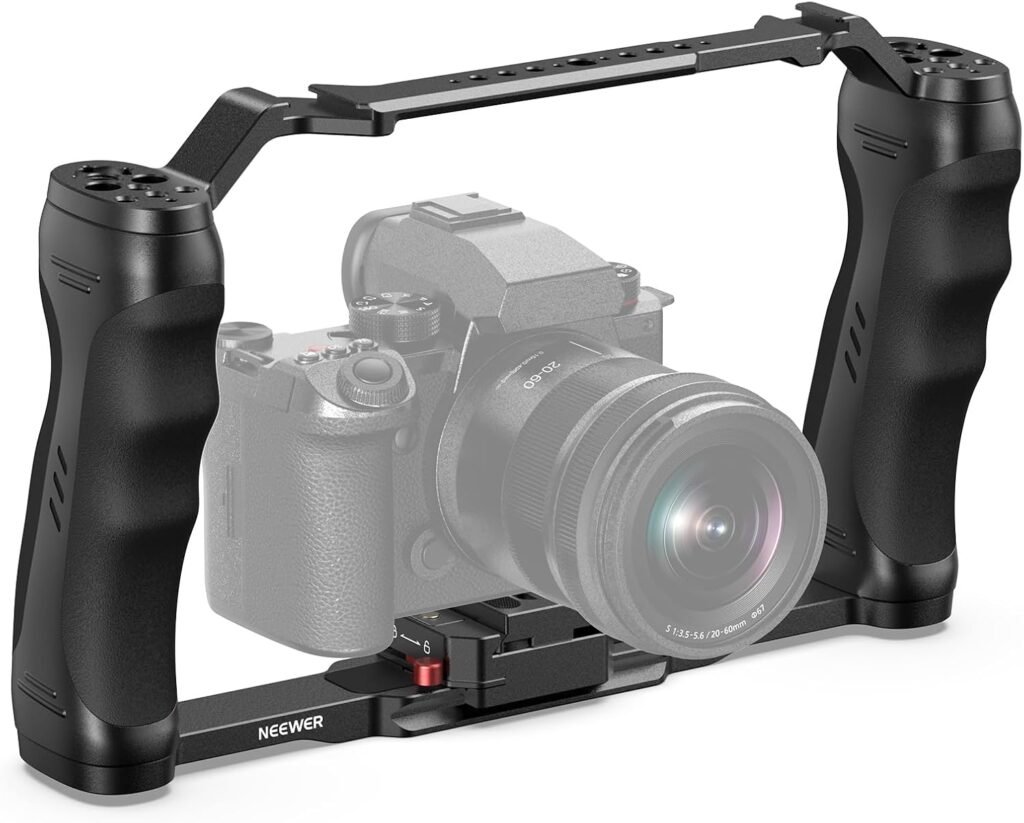 Video camera cage met dubbele handgrepen, Arca quick release plaat en schroefdraad voor DSLR en videocamera’s