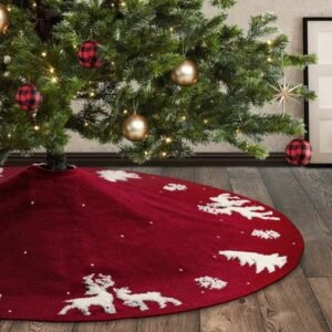 Kerstboomrok 3D gebreid – handgemaakte wol boomvoet decoratie – sneeuwvlok & hertmotief kerstdecoratie – 122 cm