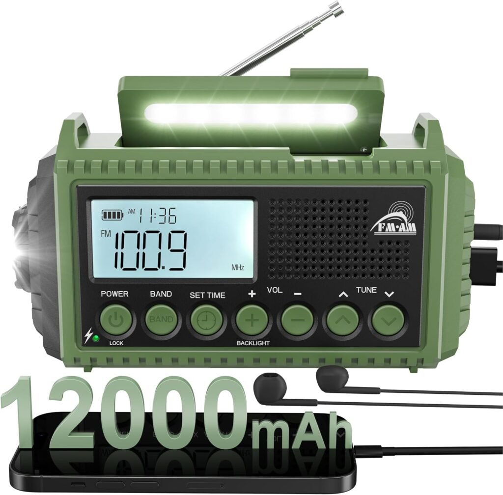Noodradio met zonnepaneel en 12000mAh powerbank voor camping en noodsituaties met zaklamp en SOS alarm
