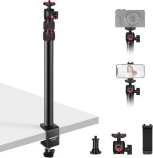 Verstelbaar tafelstatief met telefoonhouder en 360° balhoofd voor camera, webcam en ringlamp