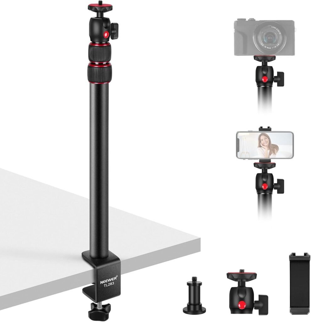 Verstelbaar tafelstatief met telefoonhouder en 360° balhoofd voor camera, webcam en ringlamp