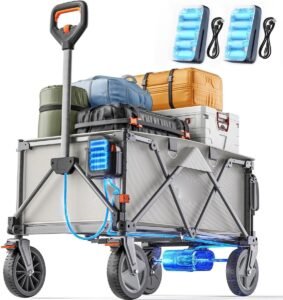 Elektrische Opvouwbare Bolderkar 200L – Transportkar met Offroad Wielen voor Camping, Strand en Boodschappen – 60 kg Draagvermogen, 2 Remmen, Inclusief 2 Batterijen