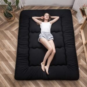 Japanse Vloermatras met Slaapkussen – Opvouwbaar Futon Matras voor Slaapkamer, Logeerbed en Loungen – Tatami Matras Zwart Single
